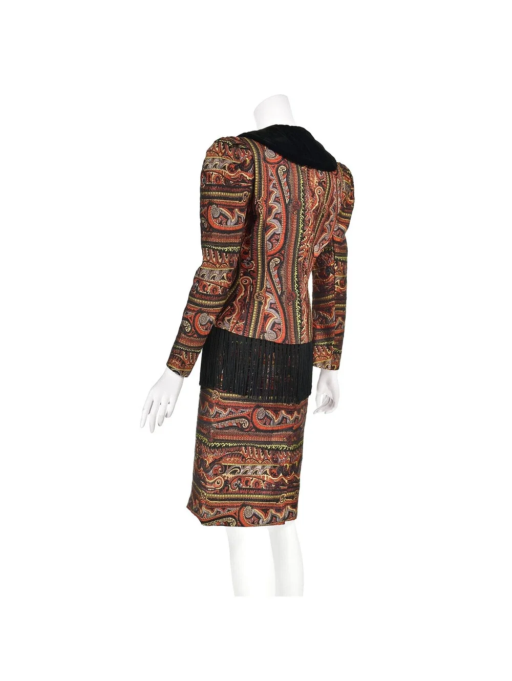 ZANDRA RHODES Rare '80s Jacquard Suit w/Velvet Lapels & Long Black Fringe, SZ SM - Picture 6 of 9